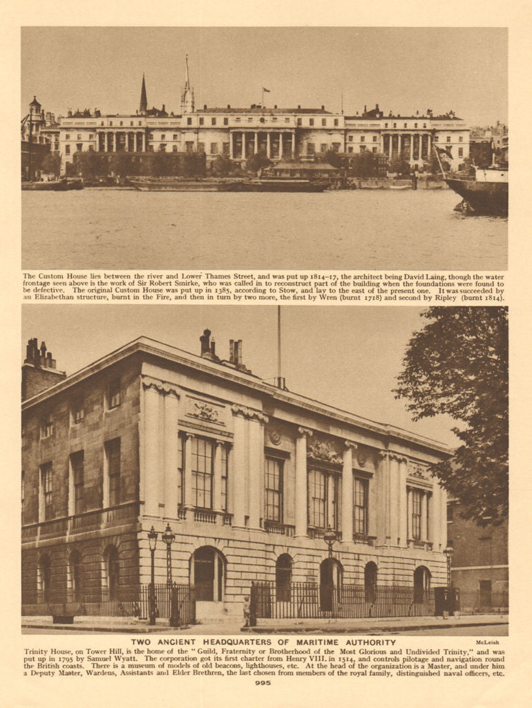 The Custom House, City of London & Trinity House, Tower Hill 1926 old print